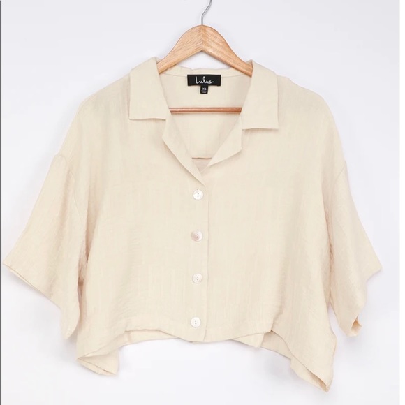 Lulu’s Exclusive Beige Seersucker Button-Up Top - Picture 4 of 6